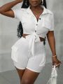 SHEIN Slayr Street Style Casual Pocket And Tie Front Top And Shorts Two Piece Set