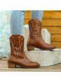 Pointed Toe Thick Heel Short/mid-calf Retro Cowboy Boots For Western Outfit And Travel In Prairies
