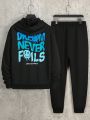 Men's Slogan Printed Drawstring Hoodie And Joggers Two Piece Set