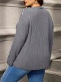 Plus Size Split Hem Casual Pullover Sweater With Faux Button Design