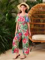 SHEIN Kids SUNSHNE Tween Girls' Casual Tropical Floral Printed Off-The-Shoulder Jumpsuit, Perfect For Vacation