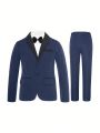 Teen Boy Gentleman Suit 2pcs Set, Navy Blue Shawl Collar Blazer And Pants. Suitable For Birthday Party, Evening Party, Performance, And Wedding