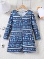 Big Girls' Christmas Printed Pajama Set With Penguin & Snowflake Patterns