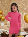 SHEIN Girls' Fashionable Urban Knit Solid Color Turtleneck Sheep Leg Long Sleeve Dress