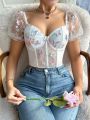 Women's Single Piece Embroidered Mesh Tulle Splice Bubble Sleeve Top With Steel Ring For Outside Wearing Bra At Music Festival