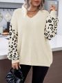 SHEIN Essnce Plus Size Leopard Print V-neck Drop Shoulder Sweater