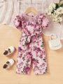 SHEIN Baby Girl Casual Floral Pattern Lace Patchwork Short Sleeve Jumpsuit With Belt, Suitable For Vacation