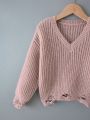 Teen Girls' Casual Sweater With Distressed Hem, Perfect As Outerwear