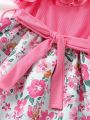 SHEIN Kids EVRYDAY Toddler Girls Floral Print Ruffle Asymmetrical Neck Belted Dress