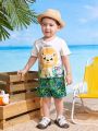 SHEIN Baby Boy Casual Cute Cartoon Animal & Letter Print Short Sleeve T-Shirt Tropical Print Shorts Set