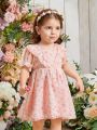 Baby Girl'S Spring/Summer Elegant Pink Printed Dress With Small Floral & Metallic Polka Dot Pattern