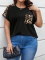 SHEIN LUNE Plus Size Leopard Print Spliced Raglan Sleeve T-Shirt