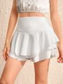 SHEIN Kids EVRYDAY Tween Girls' Knitted Solid Color Loose Fit Casual Shorts With Ruffle Hem For Spring And Summer