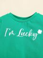 SHEIN Baby Boys' St. Patrick's Day Lucky Clover Printed Short Sleeve Pullover T-Shirt With Round Collar