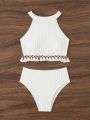 SHEIN Swim BohoFeel Women'S Texture Fringe Hem Sleeveless Tankini Swimsuit