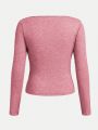 SHEIN Teen Girls' Solid Color U Neck Ruched Long Sleeve T-Shirt