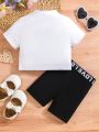 SHEIN 2pcs Baby Girl's Casual Basic Letter Print Short Sleeve T-Shirt And Shorts Set For Spring/Summer, Suitable For Outdoor Activities