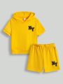 SHEIN Kids EVRYDAY Young Boy Casual Comfortable Hooded T-Shirt And Shorts Set With Letter Print