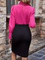 SHEIN Clasi Women's Pink Puff Sleeve Blouse And Bodycon Slit Skirt 2pcs/Set