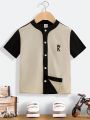 SHEIN Kids EVRYDAY 1pc Young Boy's Casual And Sporty College Street Style Color Blocked Loose Fit Short Sleeve Round Neck Shirt With Letter Pattern, Suitable For Daily Wear, Traveling, School, Sports, Spring And Summer Season