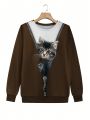 Plus Size Cartoon Cat Print Long Sleeve Sweatshirt
