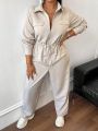 Plus Size Women'S Cargo Jumpsuit With Shirt Collar And Drawstring Waist