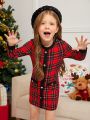 SHEIN Kids CHARMNG Young Girl Tartan Print Button Front Dress