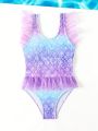 Young Girl's Gradient Mermaid Scale Pattern Mesh Splice One-Piece Swimsuit