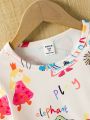 SHEIN Kids SUNSHNE Young Girl's Cartoon & Letter Printed Short Sleeve T-Shirt
