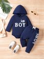 2pcs Baby Boys' Letter Printed Long Sleeve Hooded And Pants Set