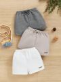 SHEIN 3pcs Baby Boys' Casual Solid Color Shorts Set With Badge Detail, Elastic Waist And Decorative Drawstring