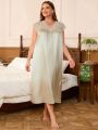 Plus Size Ladies' Solid Color Patchwork Lace Satin Nightgown