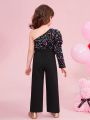 SHEIN Kids CHARMNG Toddler Girls' Knitted Solid Color Jumpsuit With Sequined Shoulder And Gigot Sleeves