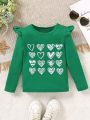 SHEIN Kids QTFun Little Girls' Casual Round Neck Long Sleeve Love Heart Pattern Printed Slim Fit T-Shirt, Spring And Autumn