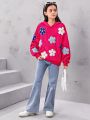 SHEIN Tween Girls' Loose Fit Vintage Floral Print Hoodie With Kangaroo Pocket