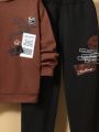 SHEIN Kids HYPEME Boys' Letter Print Hooded Sweatshirt And Comfortable Long Pants Outfits 2pcs/set