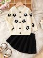 Baby Girls' Casual Romantic Lovely Flower Pattern Sweater And Short Skirt Set