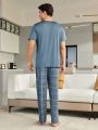 Men'S Plaid Pattern Short Sleeve T-Shirt And Pants Home Wear Set