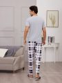 Men'S Letter Print Top And Plaid Trousers Home Wear Set