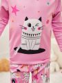 Young Girl Simple Cartoon Printed Long Pants And Long Sleeve Top Casual Two Piece Home Outfit