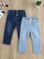 2pcs/set Basic Casual Elastic Waistband Buttoned Slim Fit Jeans For Baby Girls