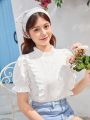 SHEIN Teen Girl'S Woven Pure Color Spliced Lace Patchwork Bubble Sleeve Casual Shirt