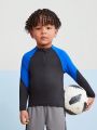 Young Boy Color Block Raglan Sleeve Pullover Sports Sweatshirt With Half Zipper