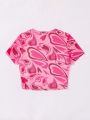 SHEIN Girls' Knitted Mesh Heart Pattern Casual T-Shirt, Teenagers