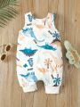 Baby Boy Cartoon Dinosaur Patterned Romper With Vest And Shorts