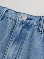 SHEIN Teen Girl Star Patched Faded Frayed Boyfriend Wide Leg Jeans, Street Style For All Seasons, Kid's Denim Jeans & Clothing