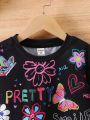 SHEIN Kids HYPEME Young Girl's Graffiti Butterfly, Flower, Letter Printed T-Shirt