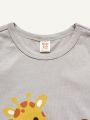 Cozy Cub Knitted Soft Cartoon Animal Pattern Round Neck Short Sleeve T-Shirt 2pcs/Set For Baby Boy