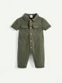 Cozy Cub Baby Boy's Solid Color Short Sleeve Jumpsuit With Turn-Down Collar In Workwear Style