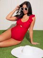 SHEIN Maternity Solid Color Beachwear With Lace Trim, Hollow Out And Pleated Detail Around Chest